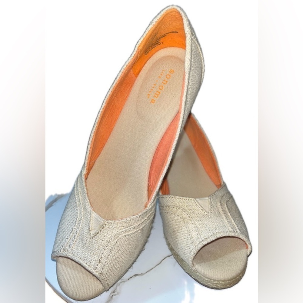 Kohl's Sonoma Life Style Gold Peep Toe Cork Wedge Espidrilles 6.5 MED - Picture 3 of 15